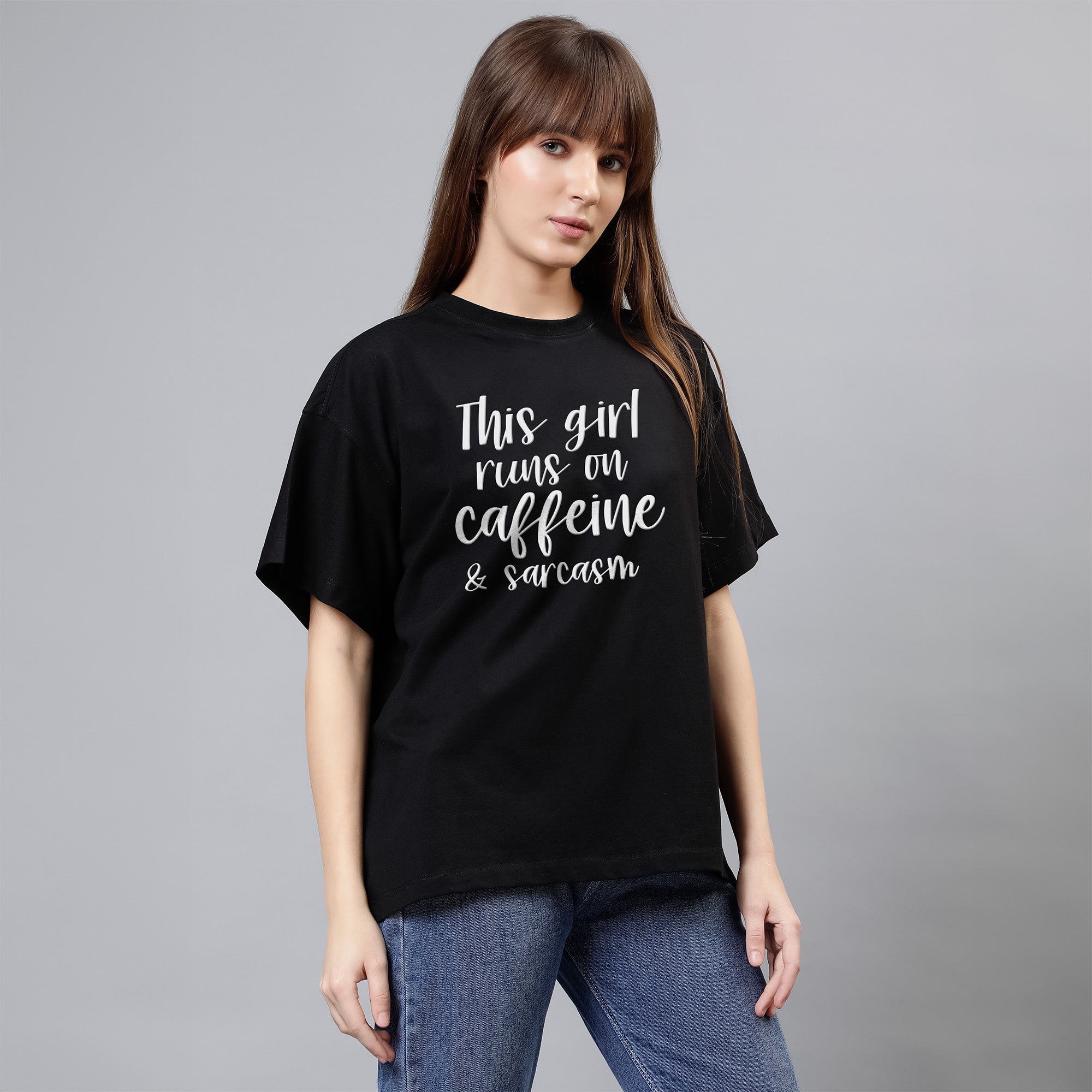 This Girl Runs on Caffeine and Sarcasm - Black Women's Oversized Tshirt