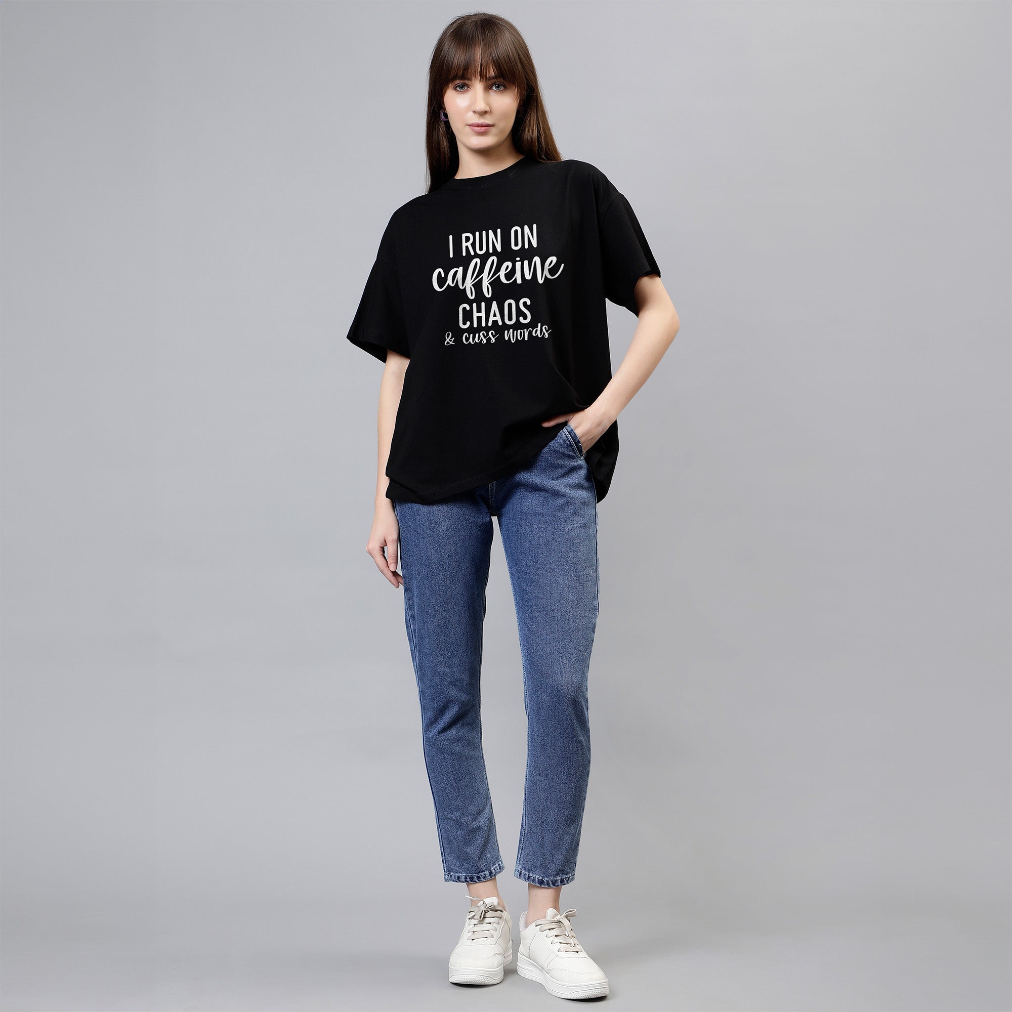 I Run On Caffeine Chaos And Cuss Words - Black Women's Oversized Tshirt