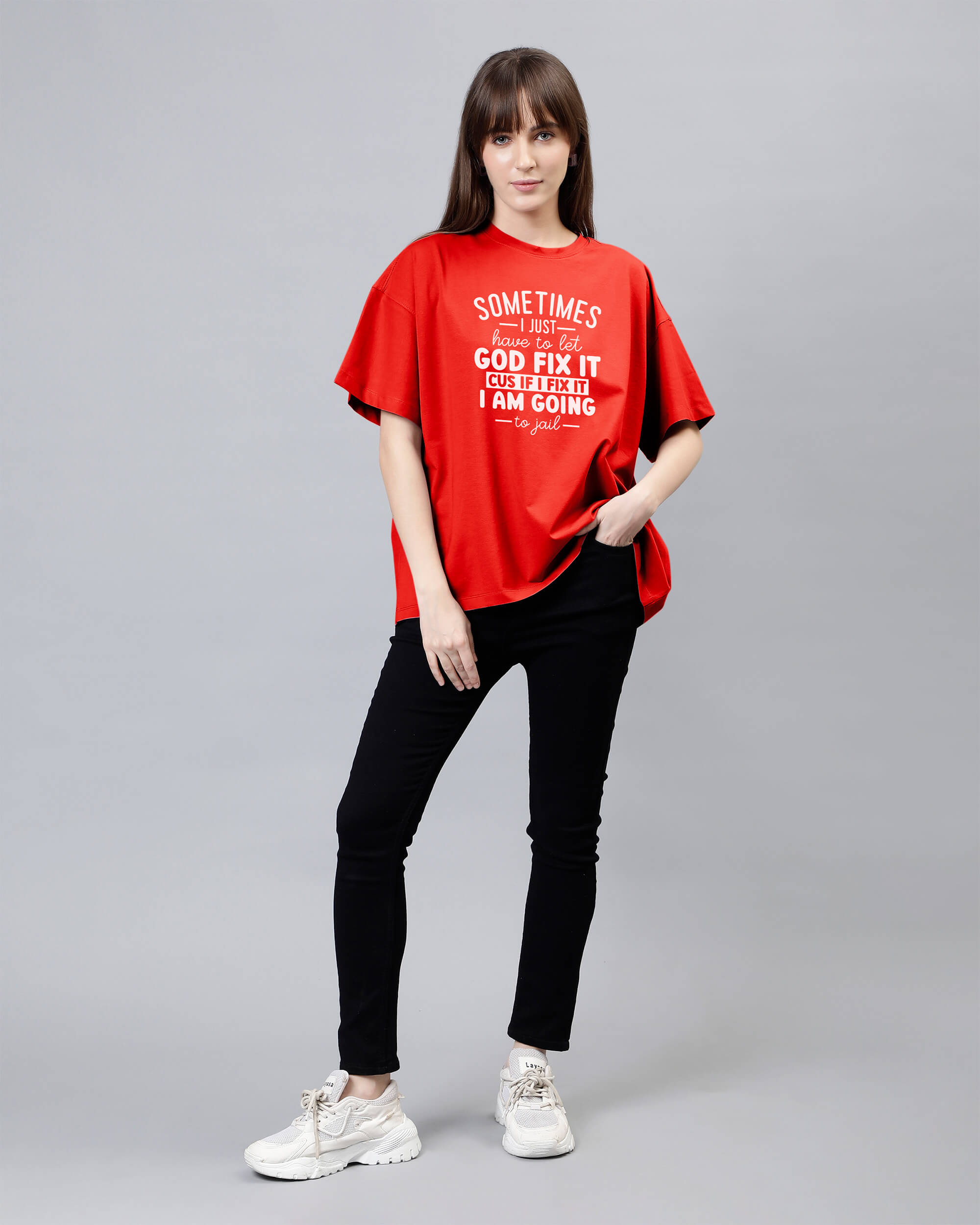 Sometimes I Just Have To Let God Fix It Cus If I Fix It I Am Going To Jail - Marigold Red Women's Oversized Tshirt